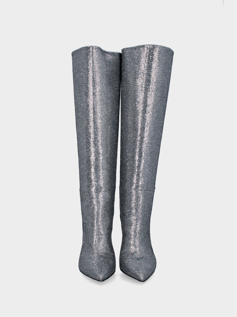 Stivale argento in pelle a tubo con strass