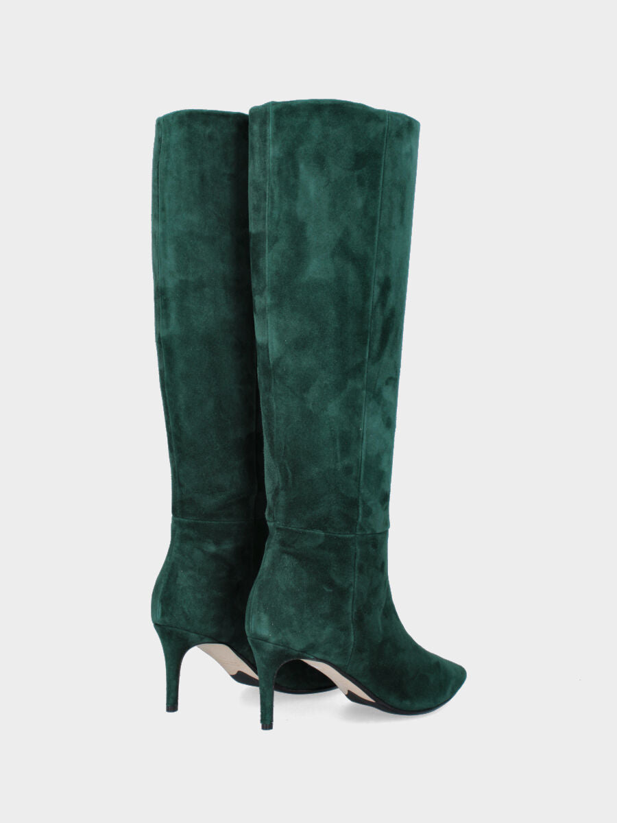 Stivale verde in pelle a tubo con tacco a stiletto e cerniera