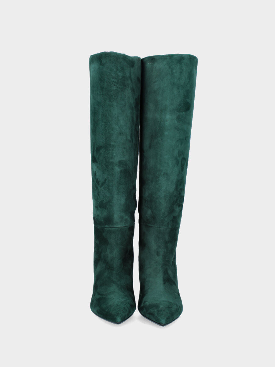 Stivale verde in pelle a tubo con tacco a stiletto e cerniera