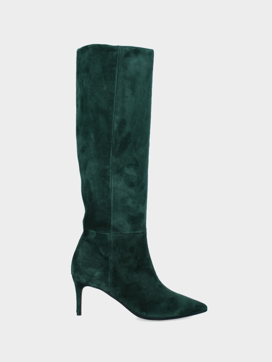 Stivale verde in pelle a tubo con tacco a stiletto e cerniera