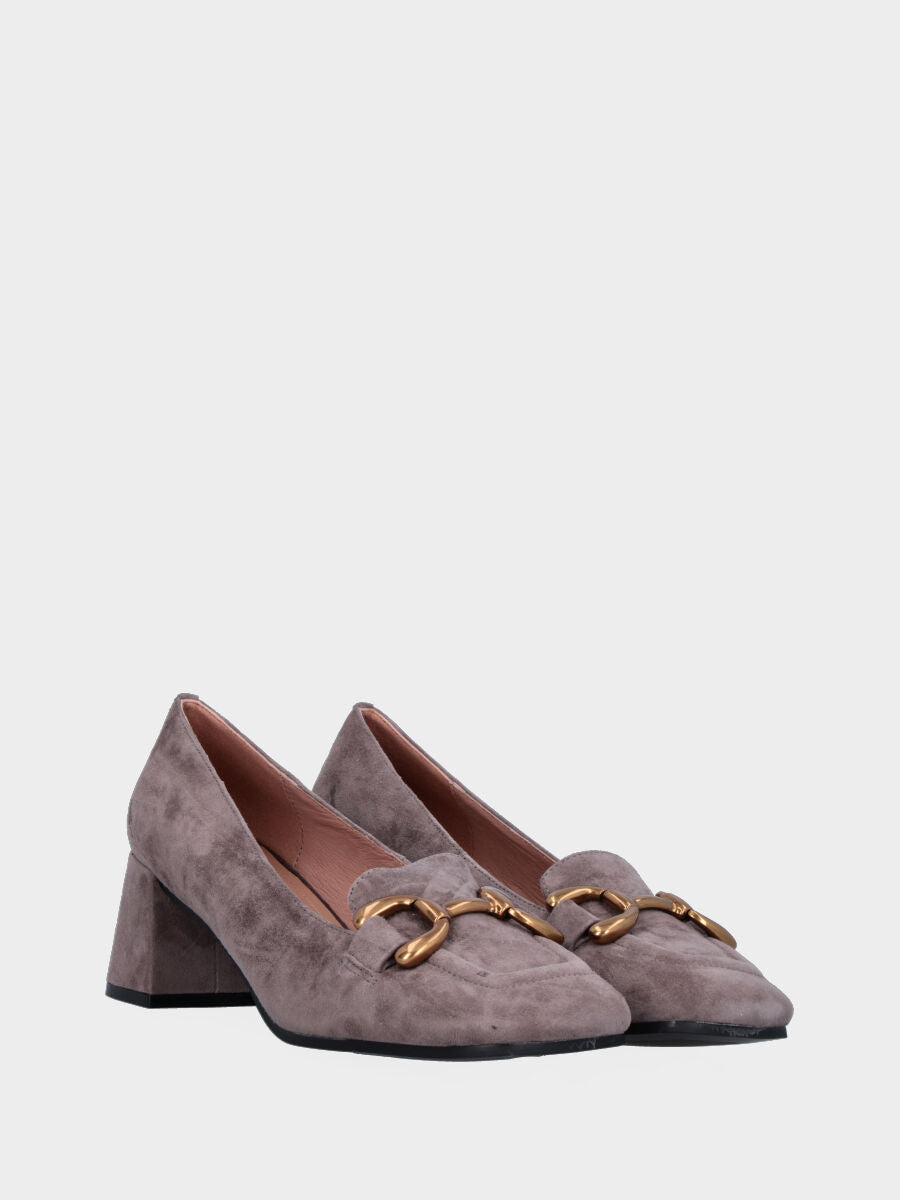 Mocassino grigio in pelle con morsetto e bordatura quadrata