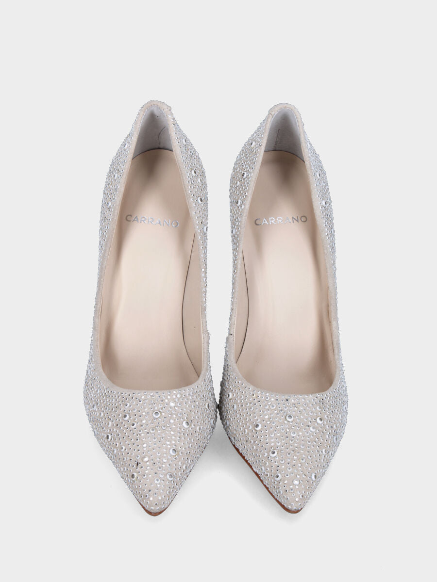 Décolleté bianca in pelle con perline e strass