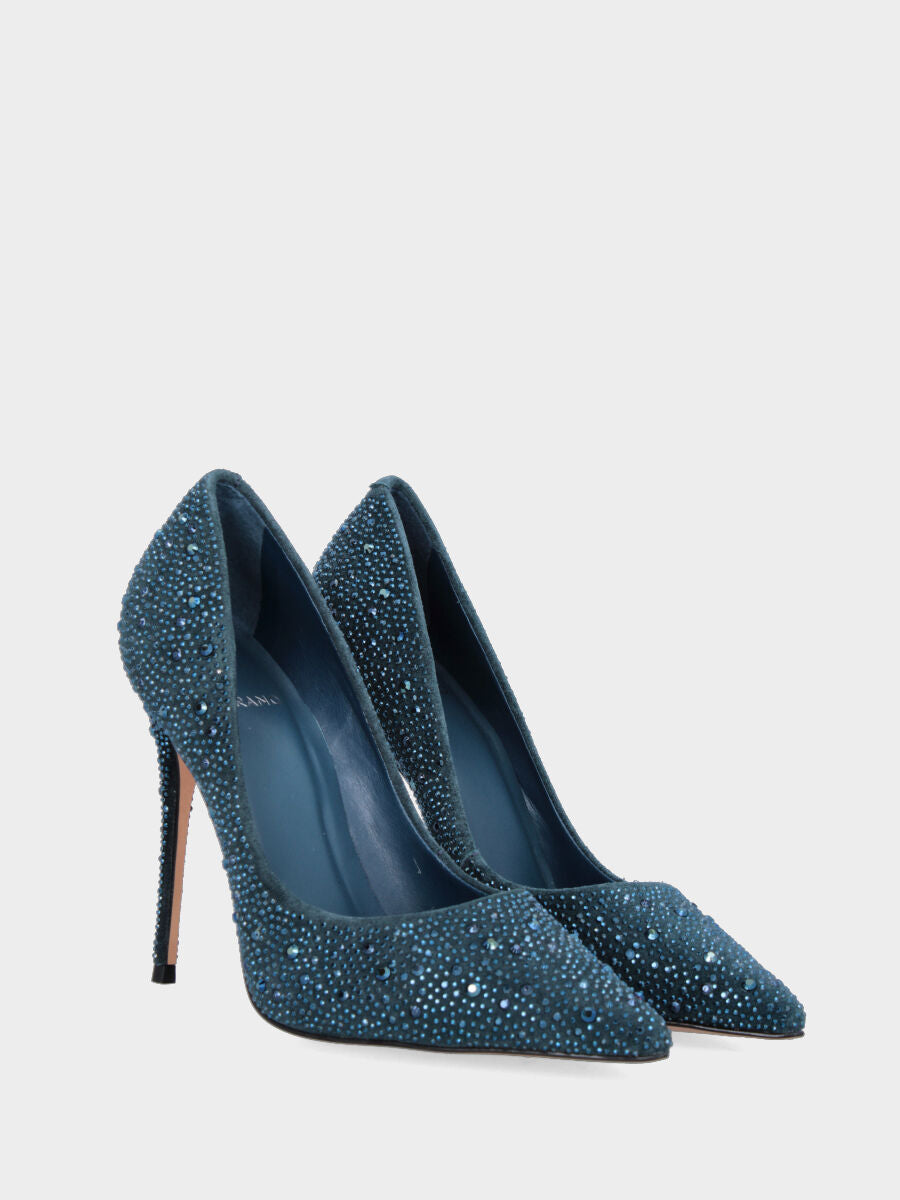 Décolleté blu in pelle con perline e strass