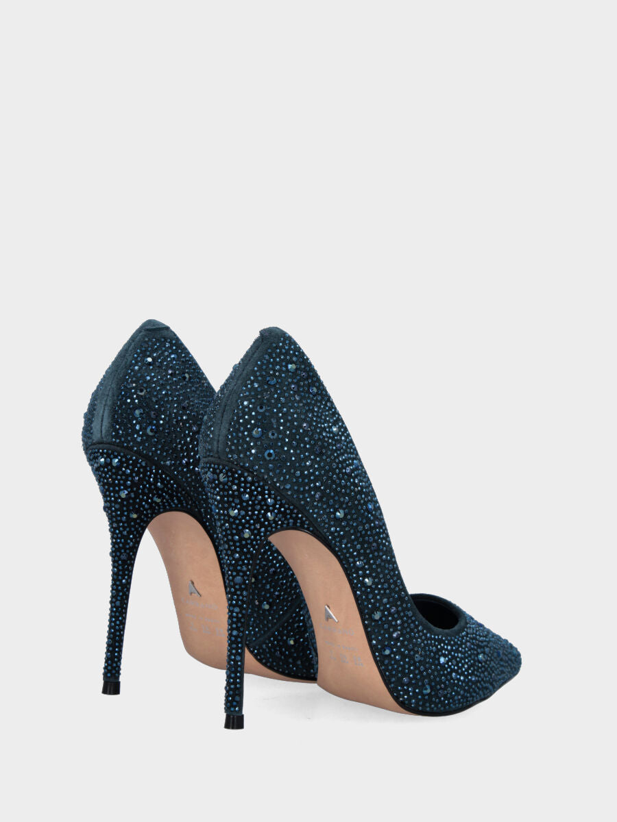 Décolleté blu in pelle con perline e strass