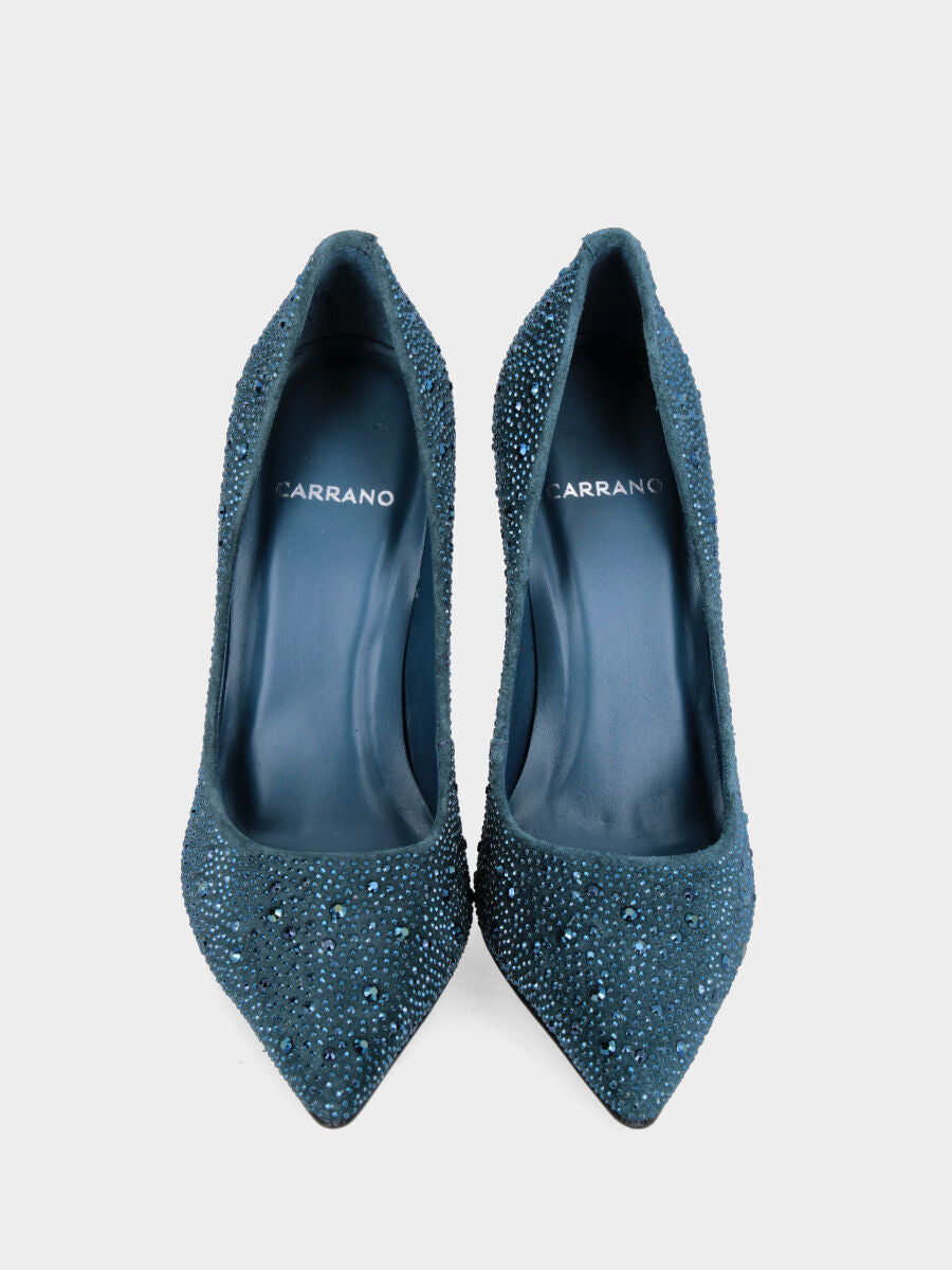 Décolleté blu in pelle con perline e strass