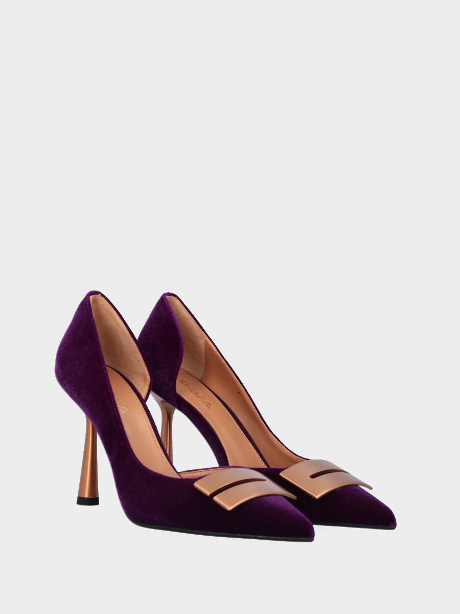 Décolleté violet en velours avec accessoire et talon métallisé or