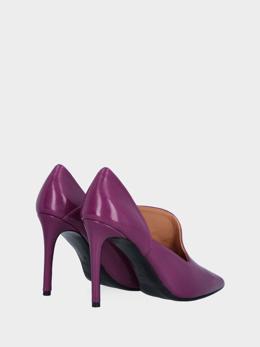 Décolleté viola in pelle con scollo asimmetrico