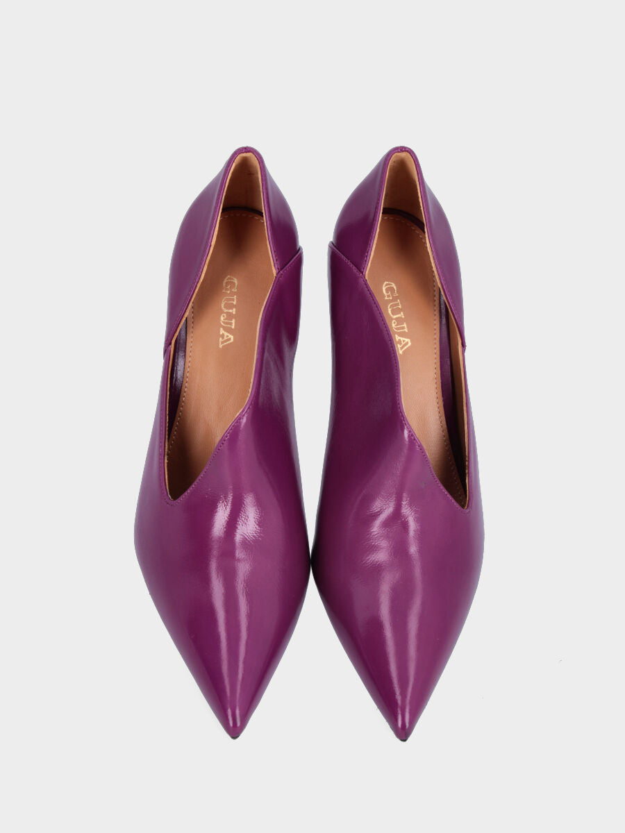 Décolleté viola in pelle con scollo asimmetrico