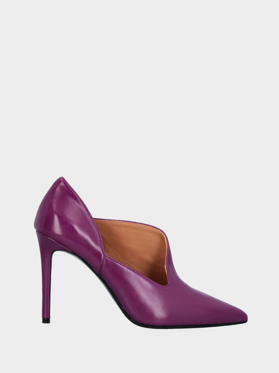 Décolleté viola in pelle con scollo asimmetrico