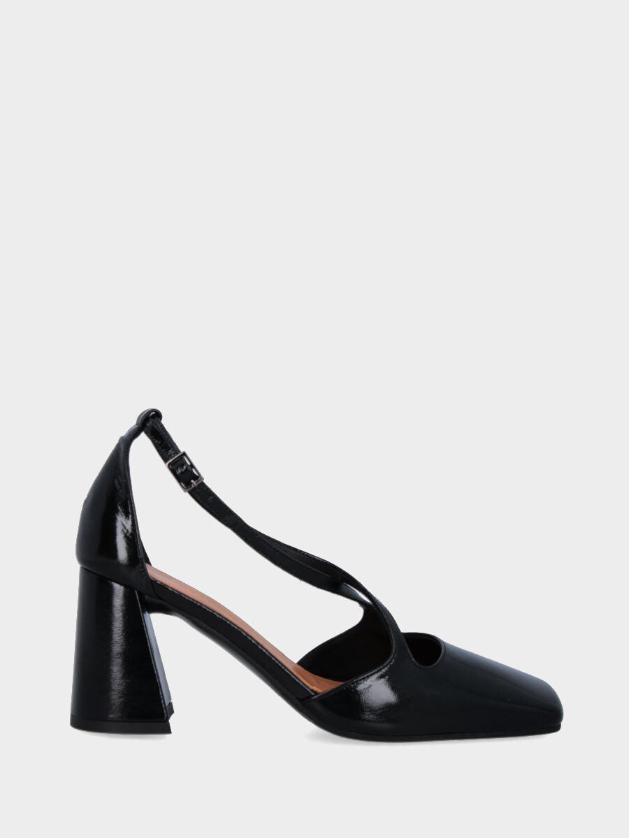 Schwarze Lack-Pumps mit gekreuzten Riemchen und eckigem Ausschnitt