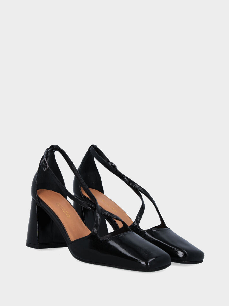 Schwarze Lack-Pumps mit gekreuzten Riemchen und eckigem Ausschnitt