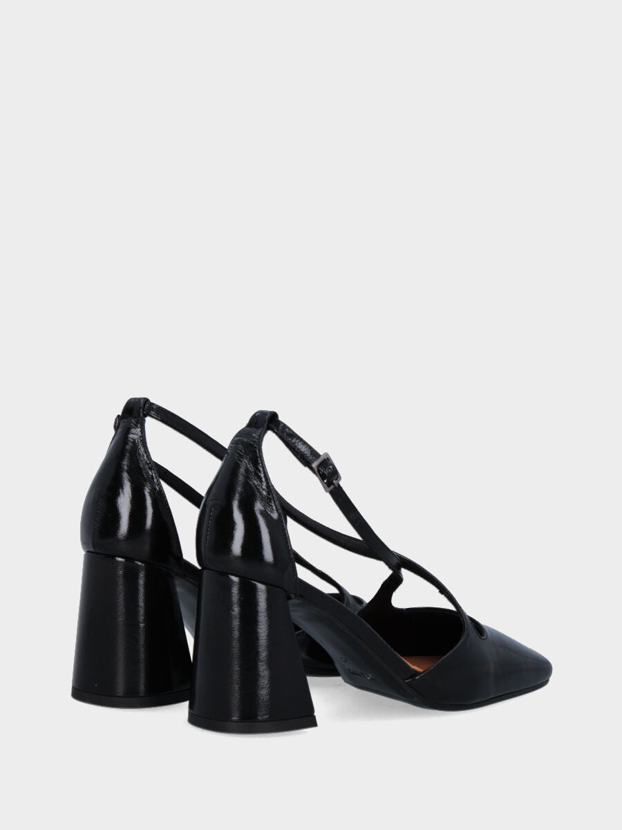 Schwarze Lack-Pumps mit gekreuzten Riemchen und eckigem Ausschnitt