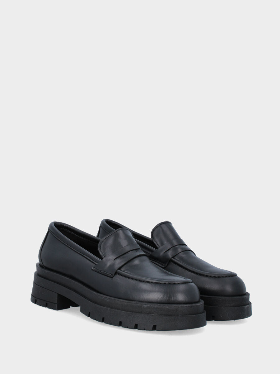 Black leather loafer with strap and combat sole