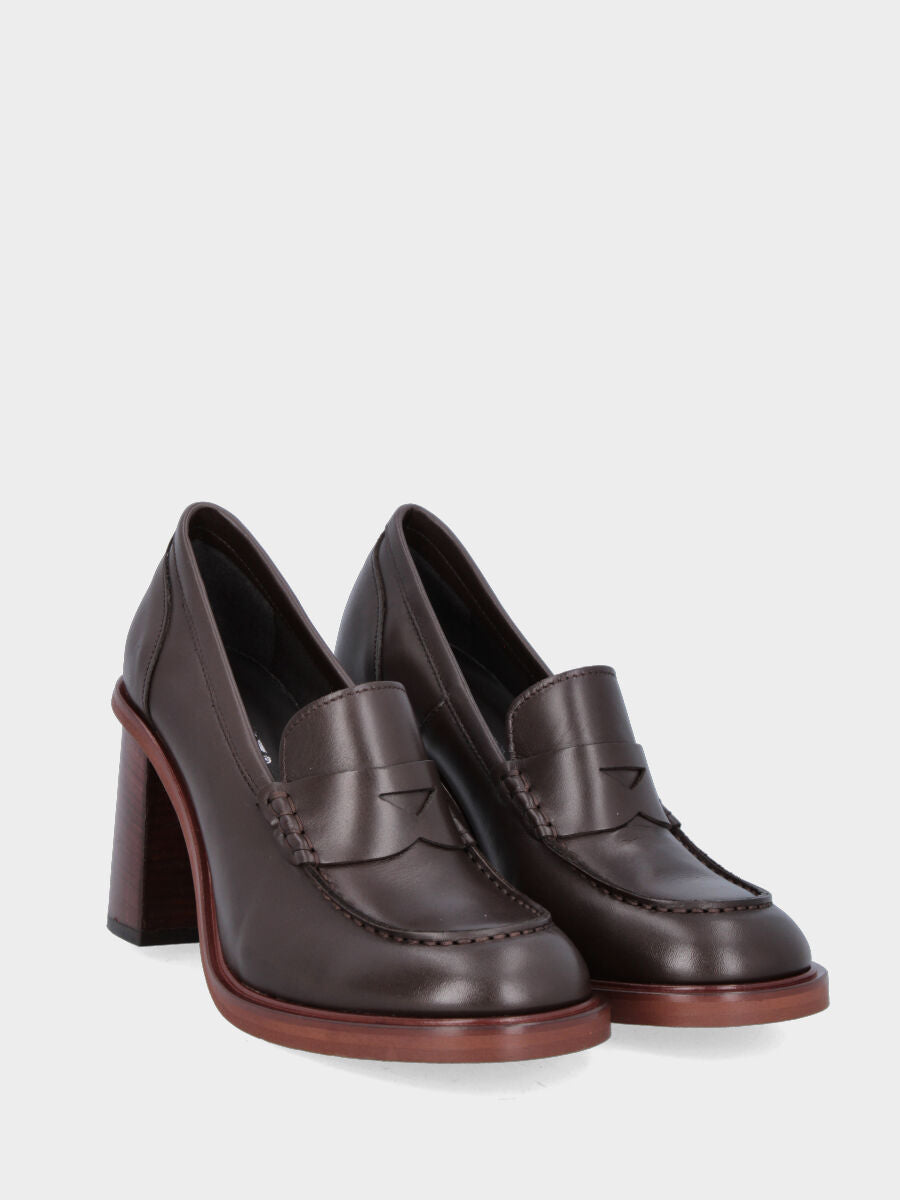 Brown leather moccasin with wide heel
