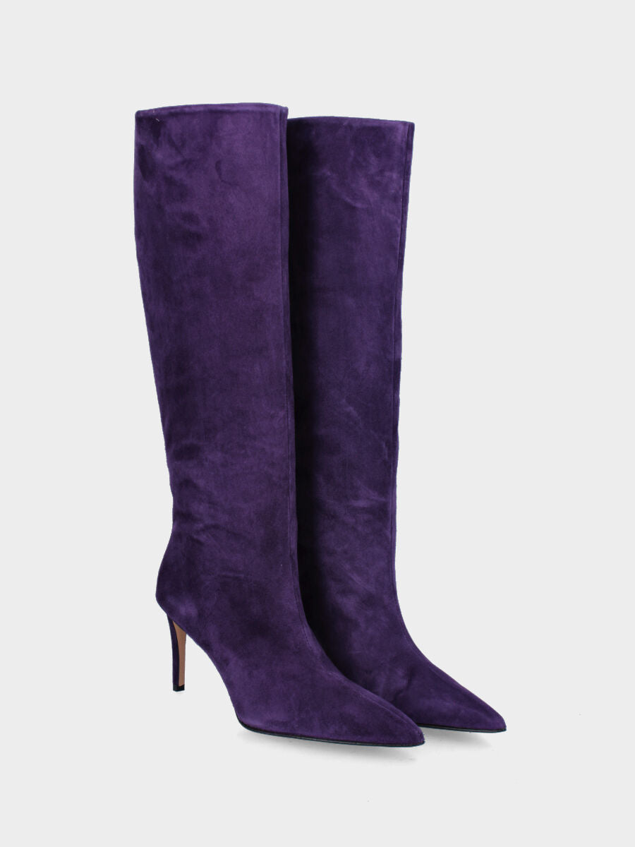 Stivale viola in camoscio a punta sfilata con tacco stiletto