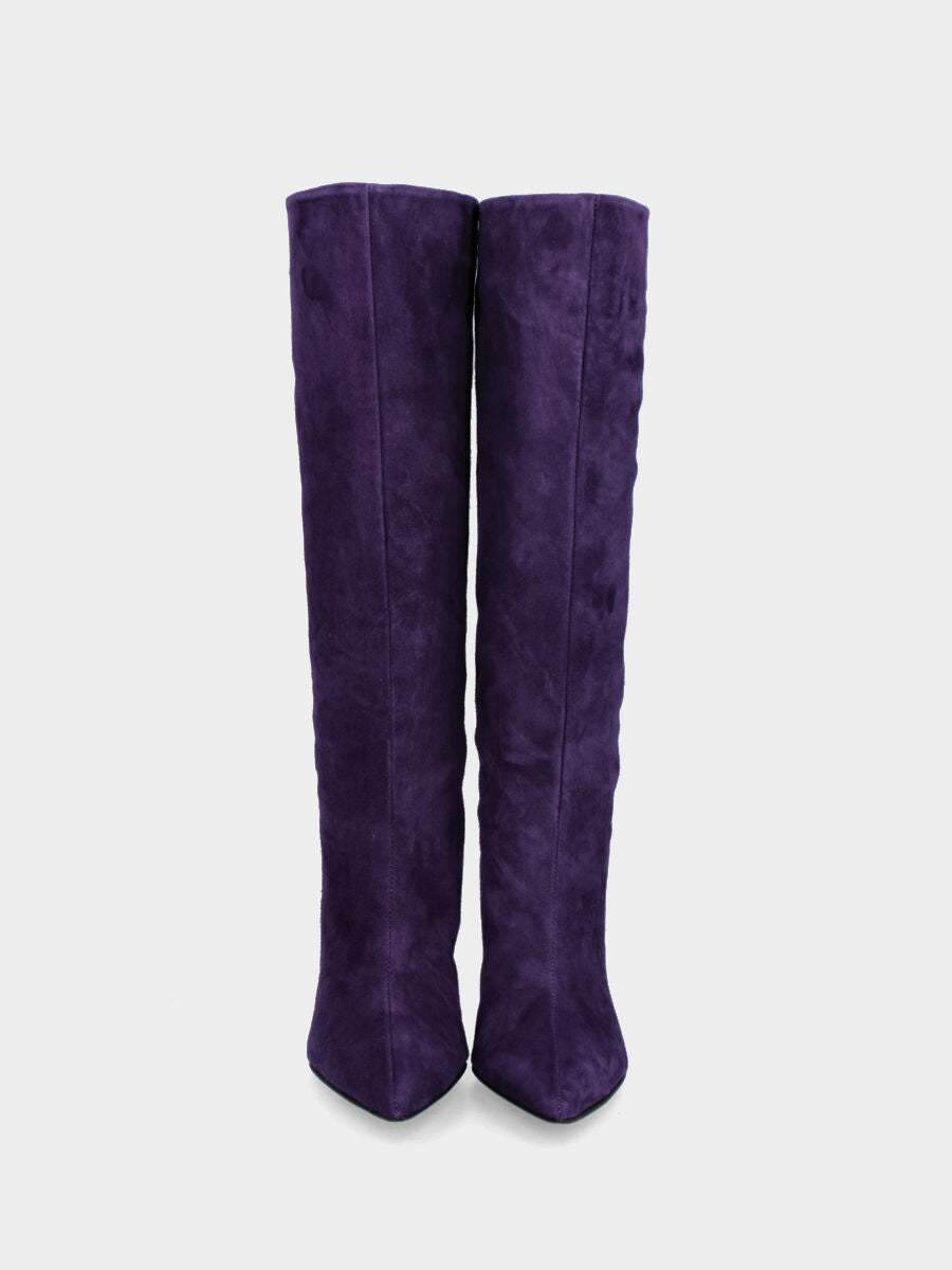 Stivale viola in camoscio a punta sfilata con tacco stiletto
