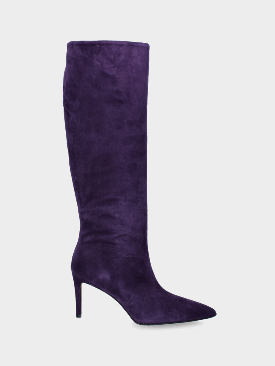 Stivale viola in camoscio a punta sfilata con tacco stiletto