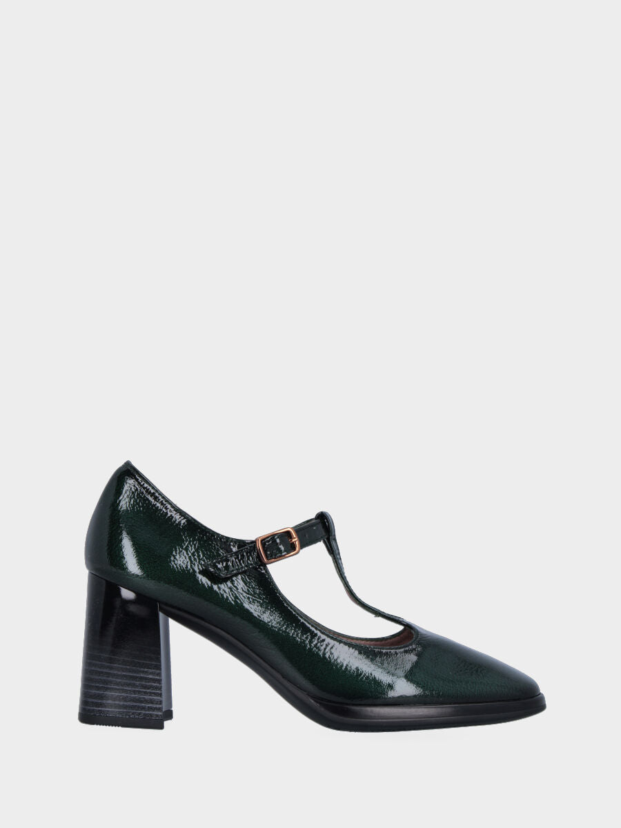 Décolleté verde in vernice con tacco laccato con venature modello charleston