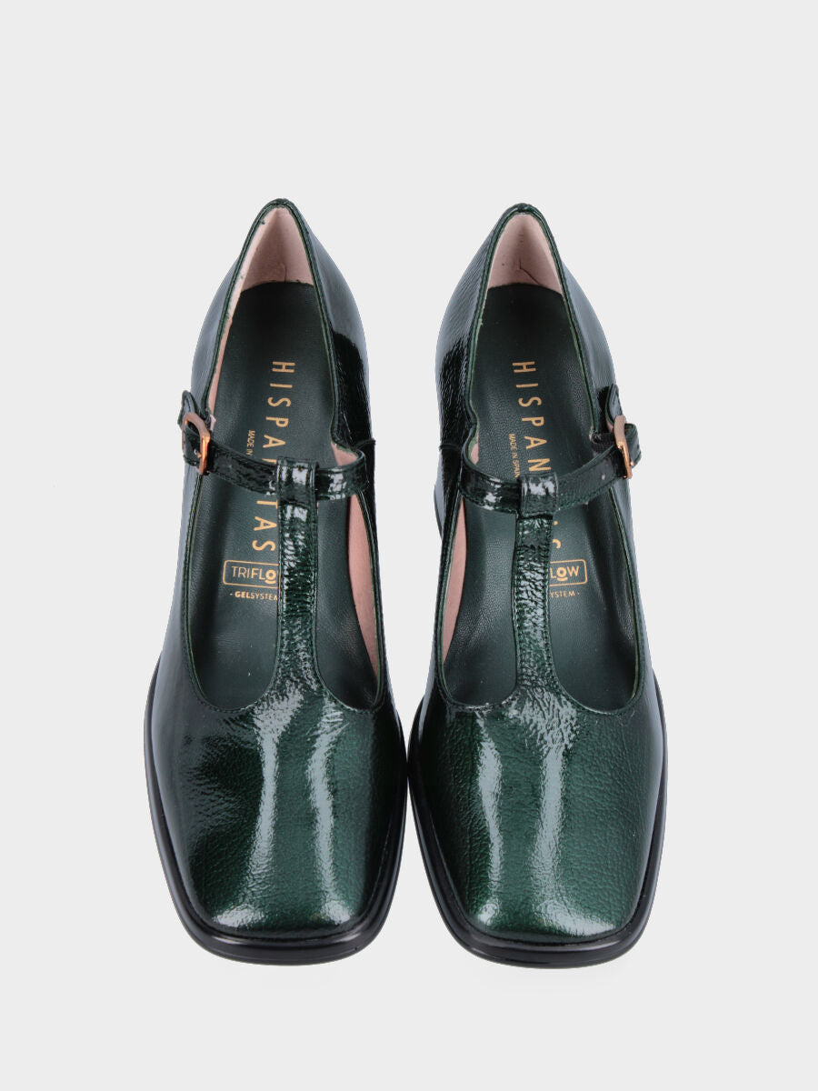 Décolleté verde in vernice con tacco laccato con venature modello charleston