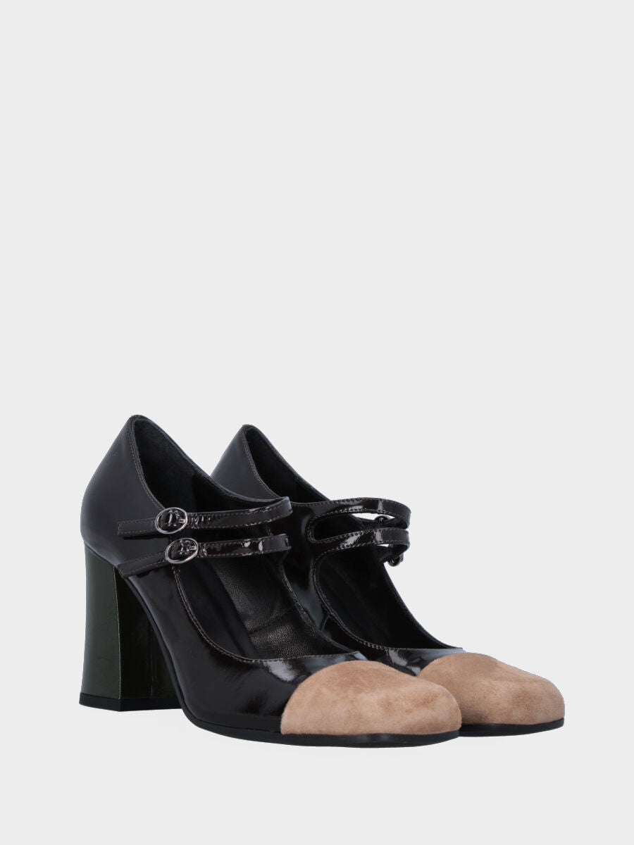 Décolleté nera in vernice con puntale in camoscio beige