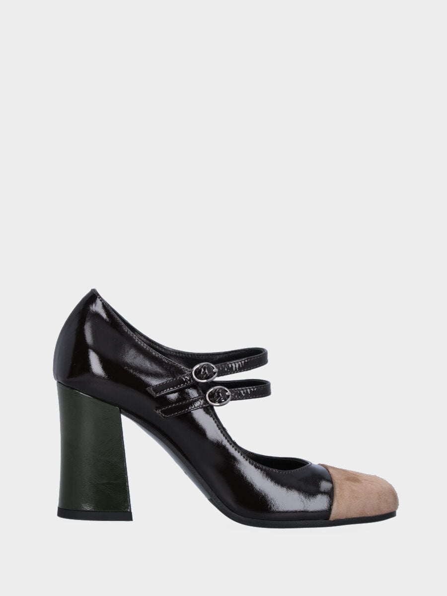 Décolleté nera in vernice con puntale in camoscio beige
