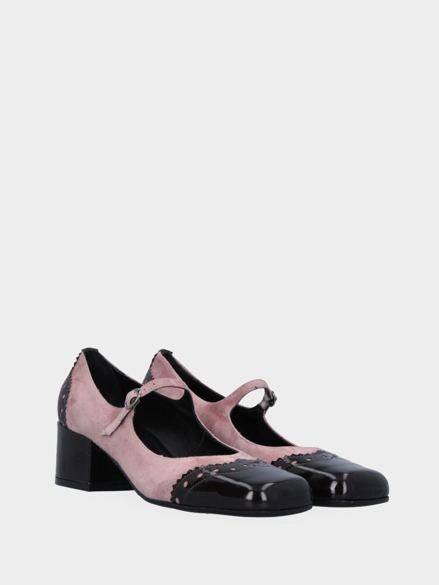 Décolleté rosa in pelle con inserti in vernice nera traforati