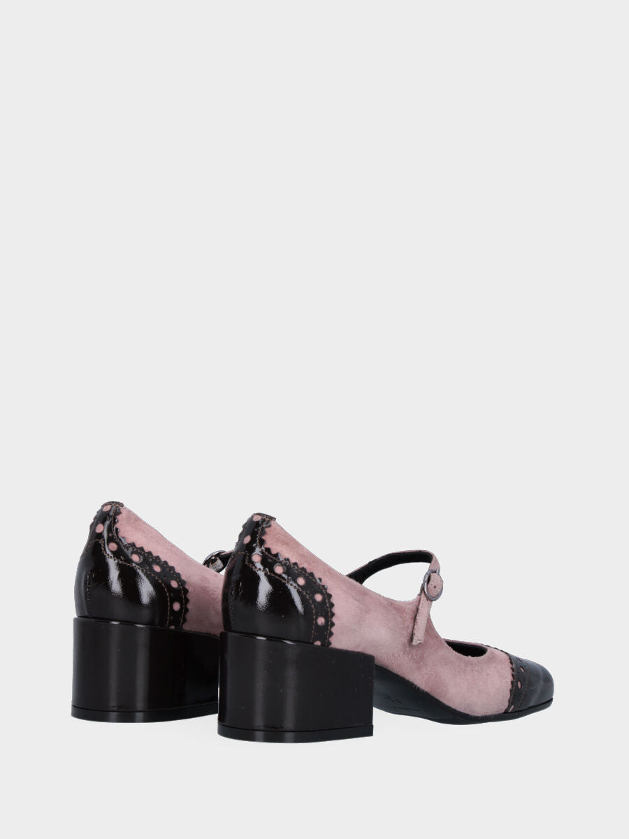 Décolleté rosa in pelle con inserti in vernice nera traforati