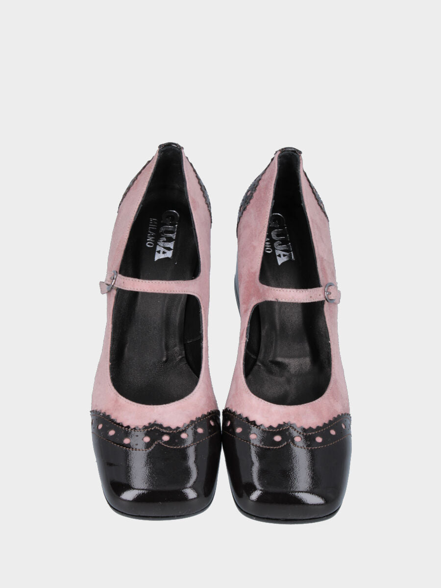 Décolleté rosa in pelle con inserti in vernice nera traforati