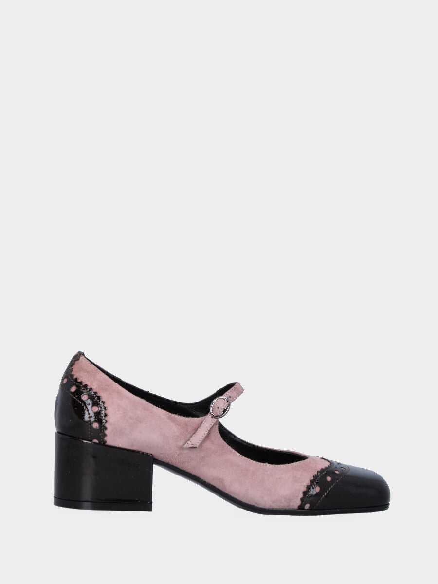 Décolleté rosa in pelle con inserti in vernice nera traforati