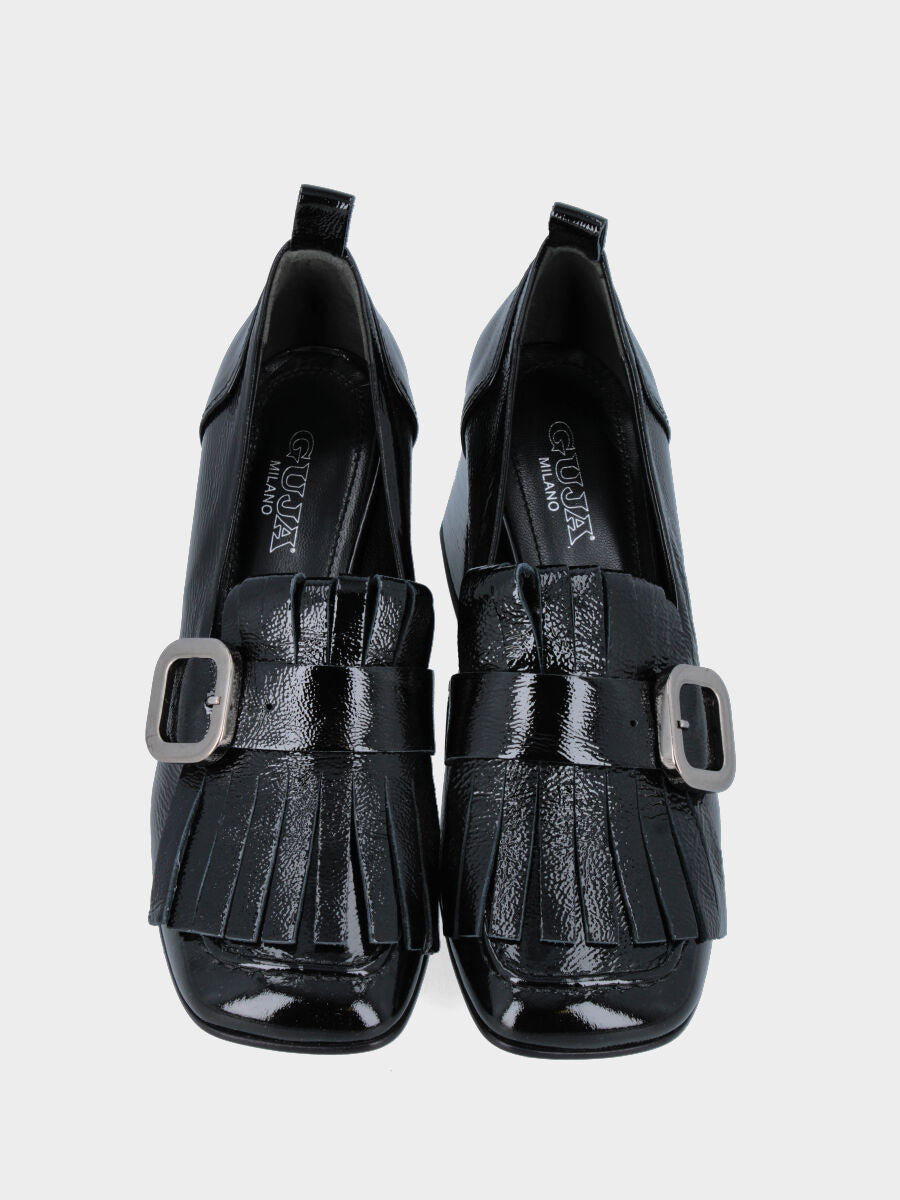 Black naplak moccasin with fringe and buckle