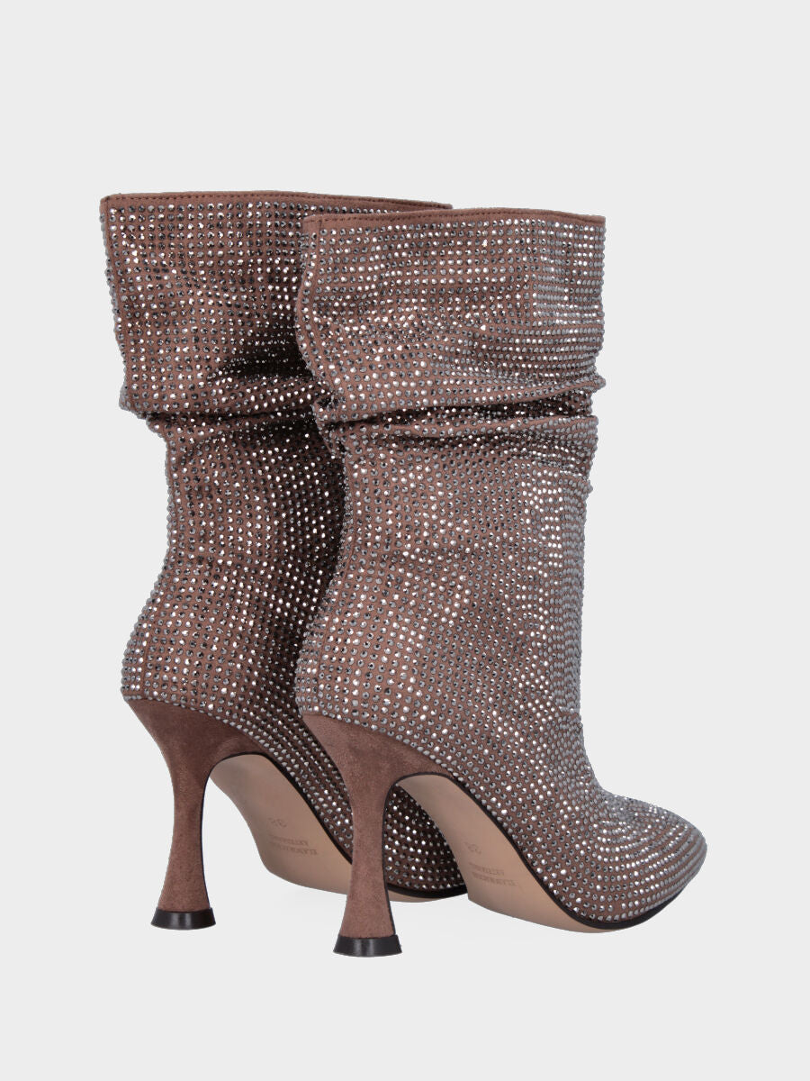 Stivaletto taupe in pelle con cristalli e gambaletto goffrato