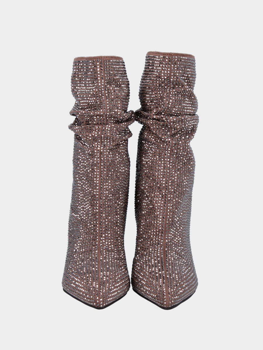 Stivaletto taupe in pelle con cristalli e gambaletto goffrato