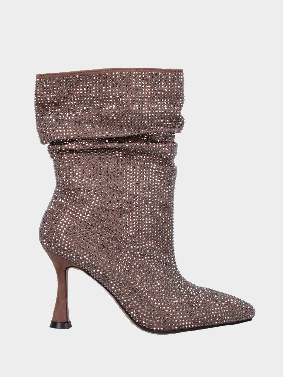 Stivaletto taupe in pelle con cristalli e gambaletto goffrato