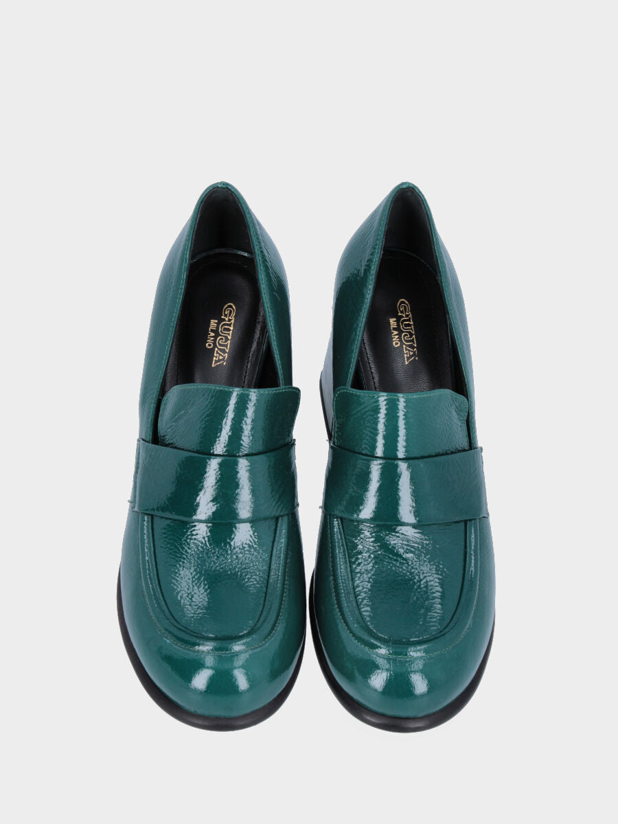 Shiny leather teal moccasin with strap