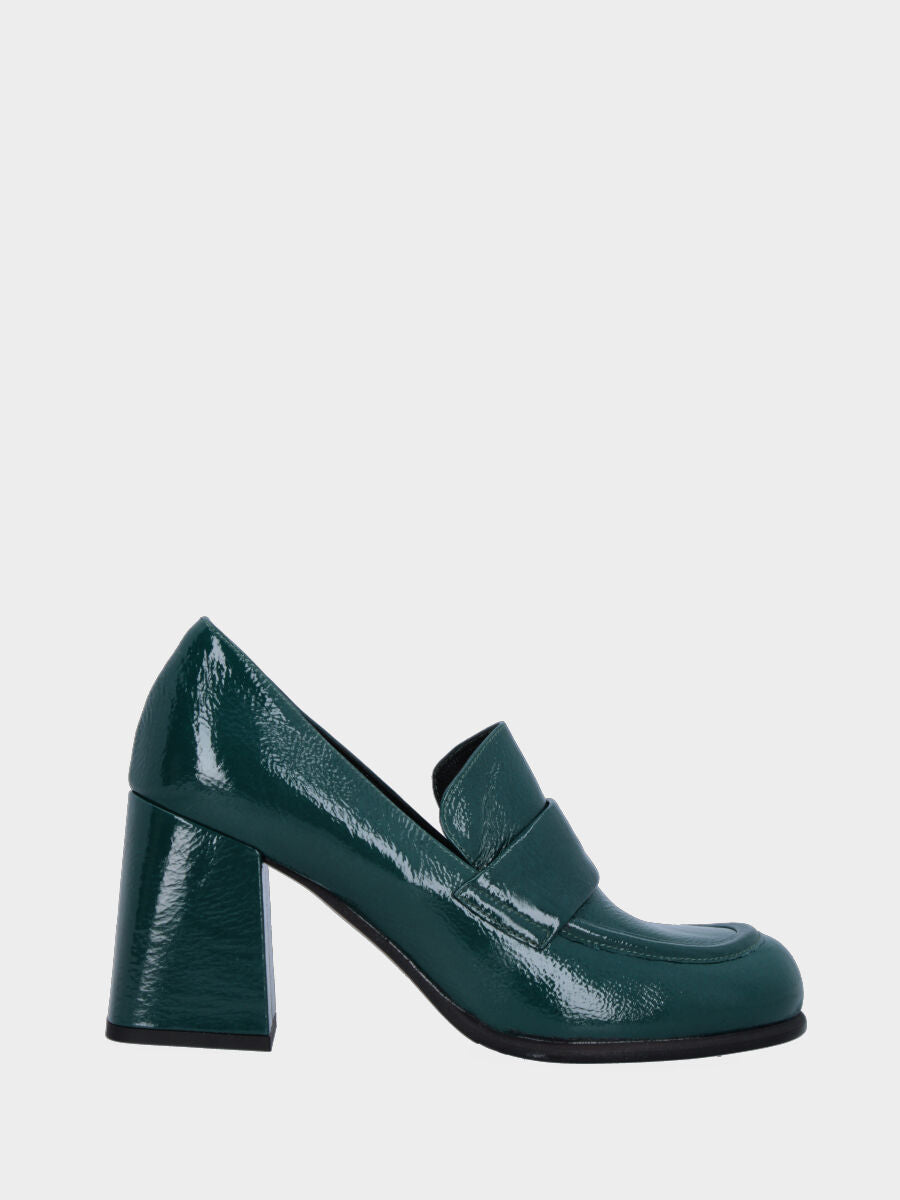 Shiny leather teal moccasin with strap