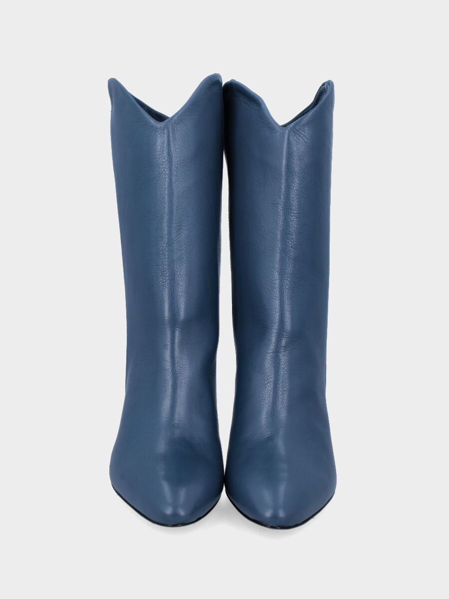 Blue leather ankle boot with rounded shaft