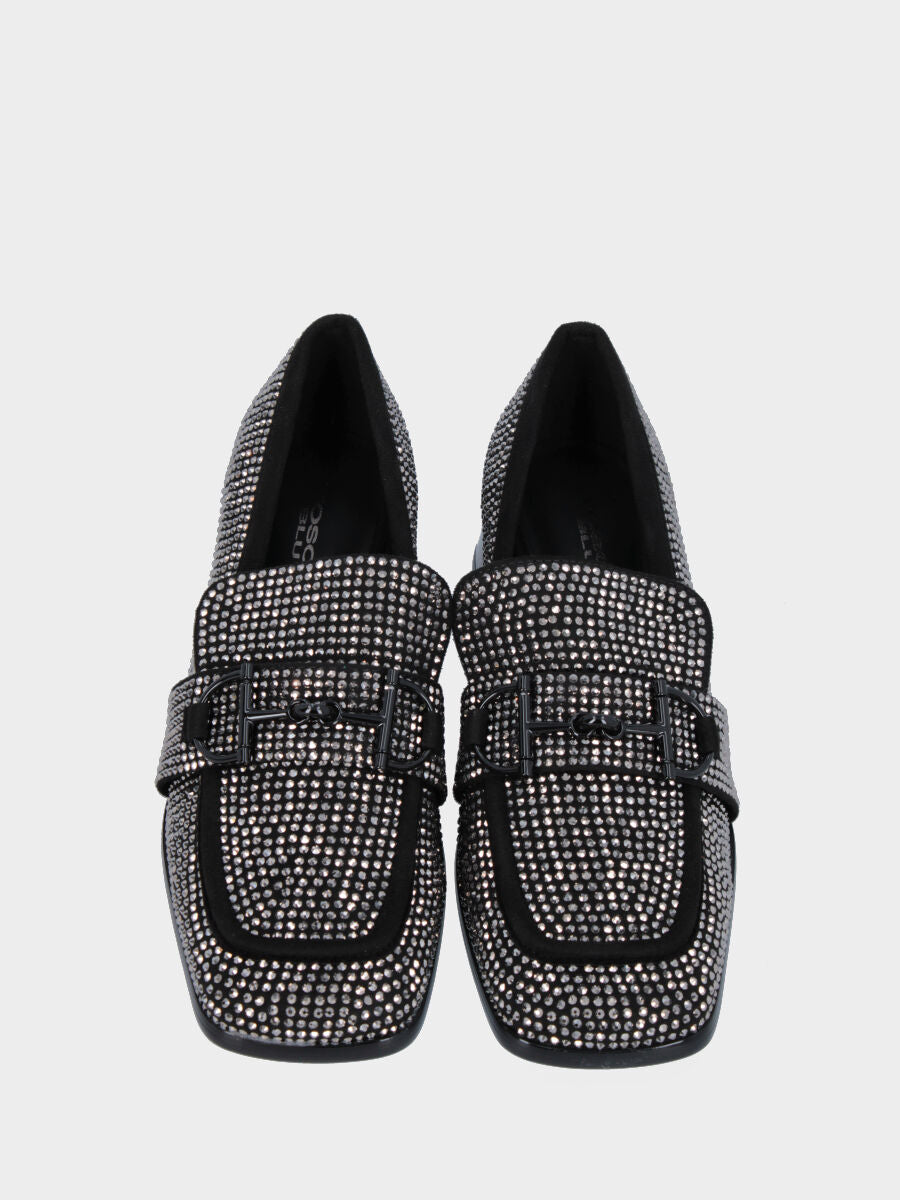 Silberner Mokassin aus Leder mit Strass und Schnalle