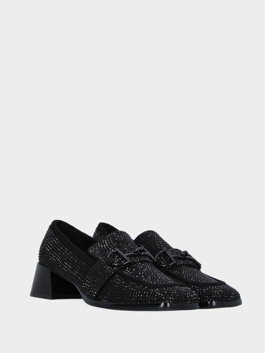 Black leather moccasin with rhinestones and bit buckle
