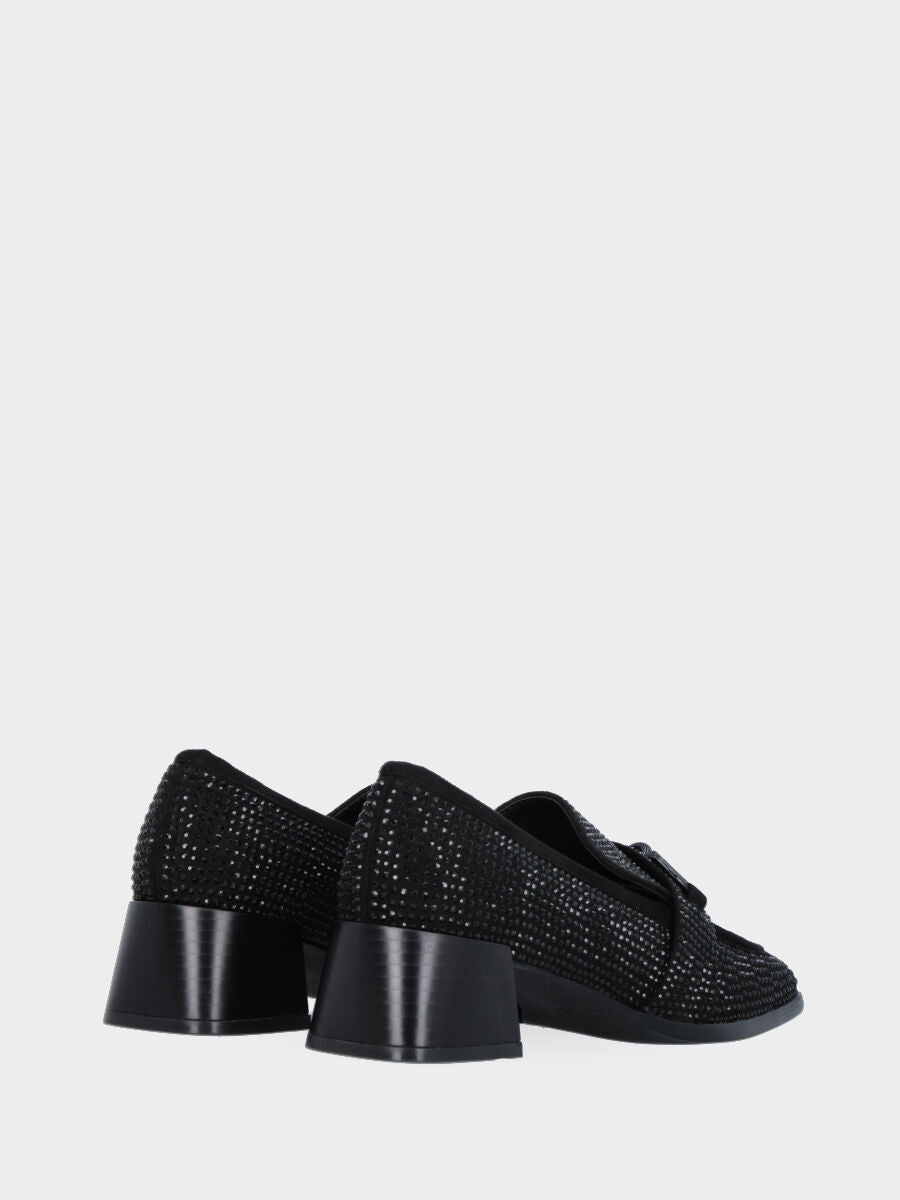 Black leather moccasin with rhinestones and bit buckle