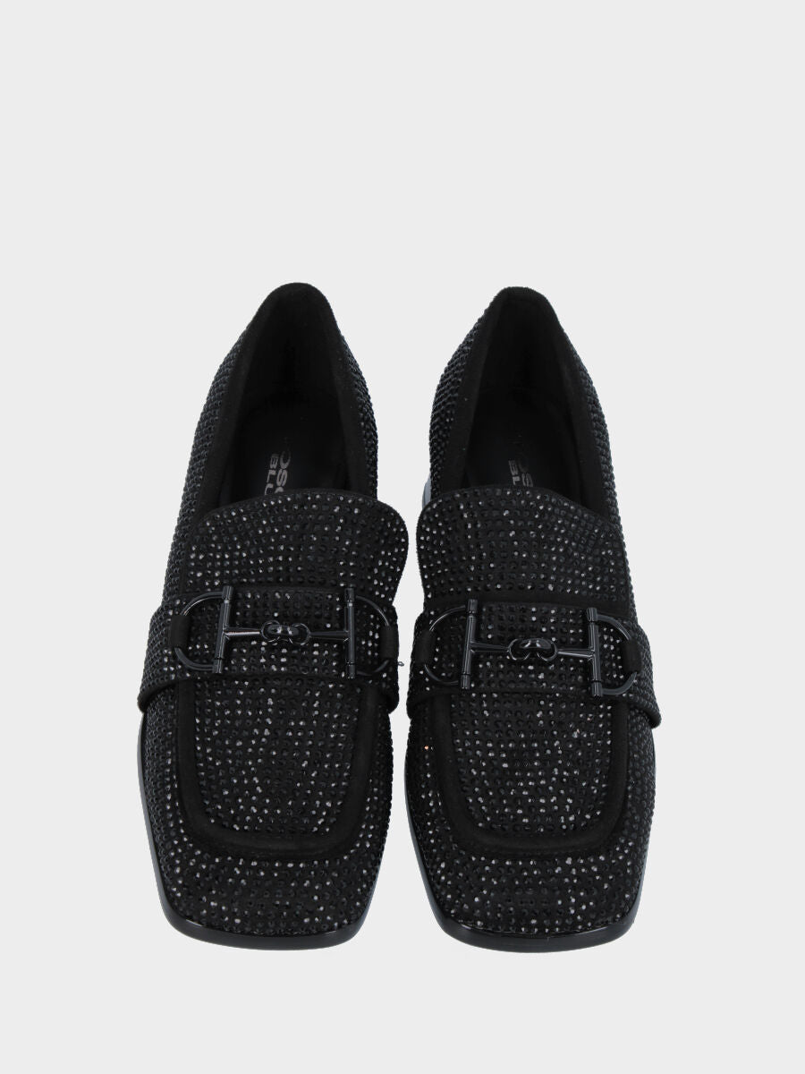 Black leather moccasin with rhinestones and bit buckle