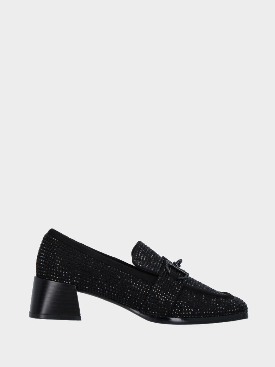 Black leather moccasin with rhinestones and bit buckle