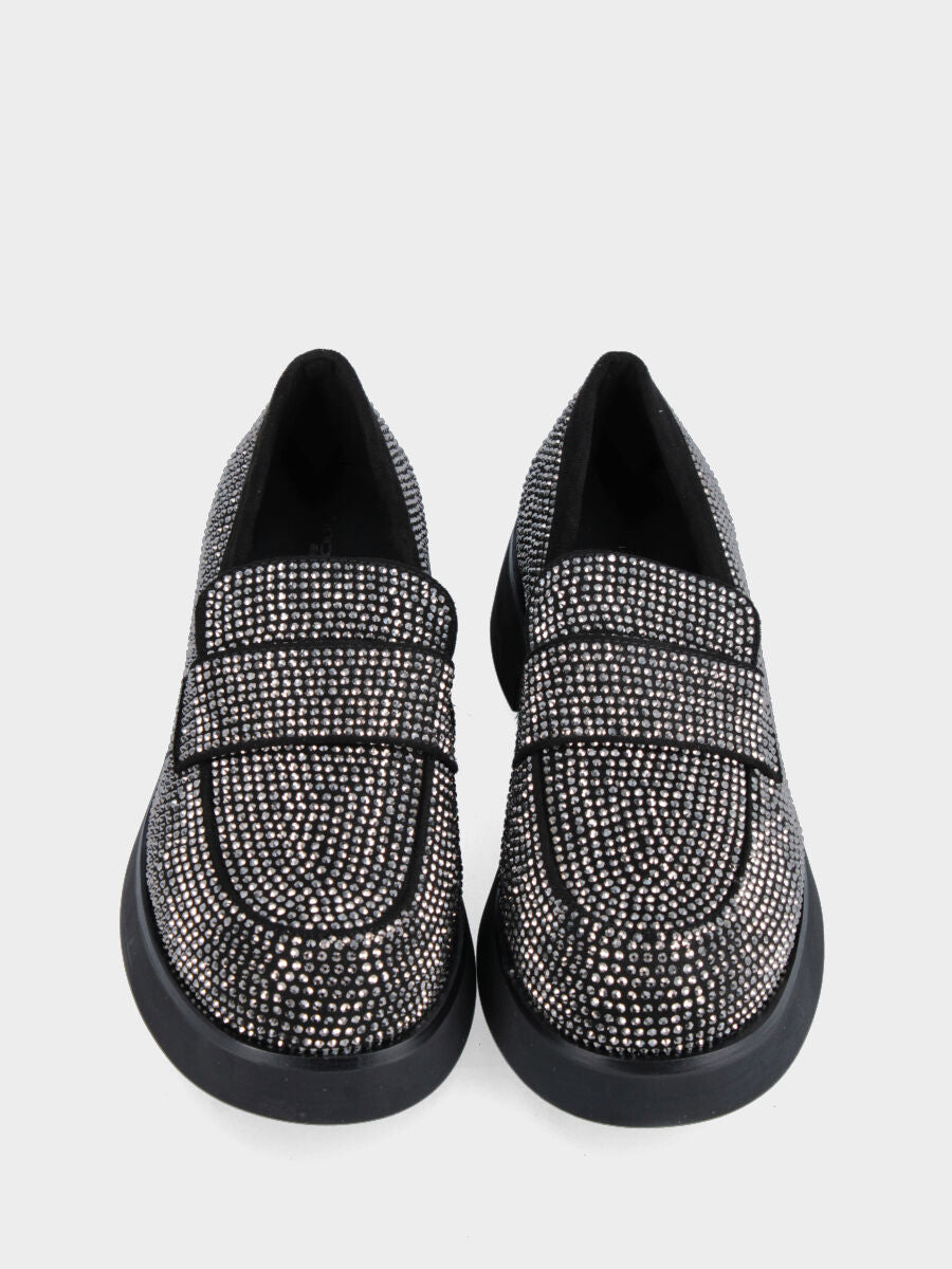 Silberne Mokassins aus Leder mit Strass und Plateau