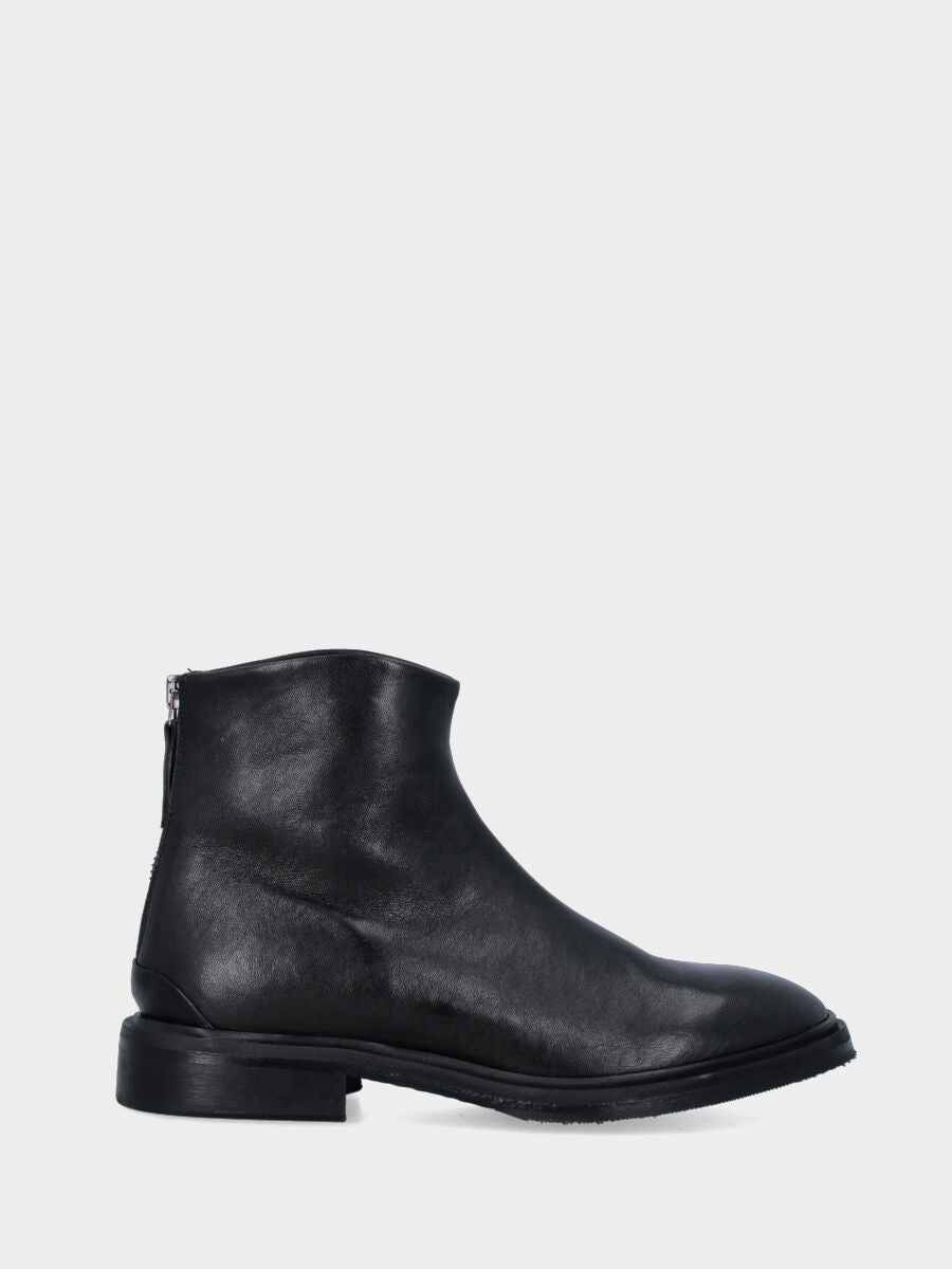 Black smooth leather ankle boot with low heel