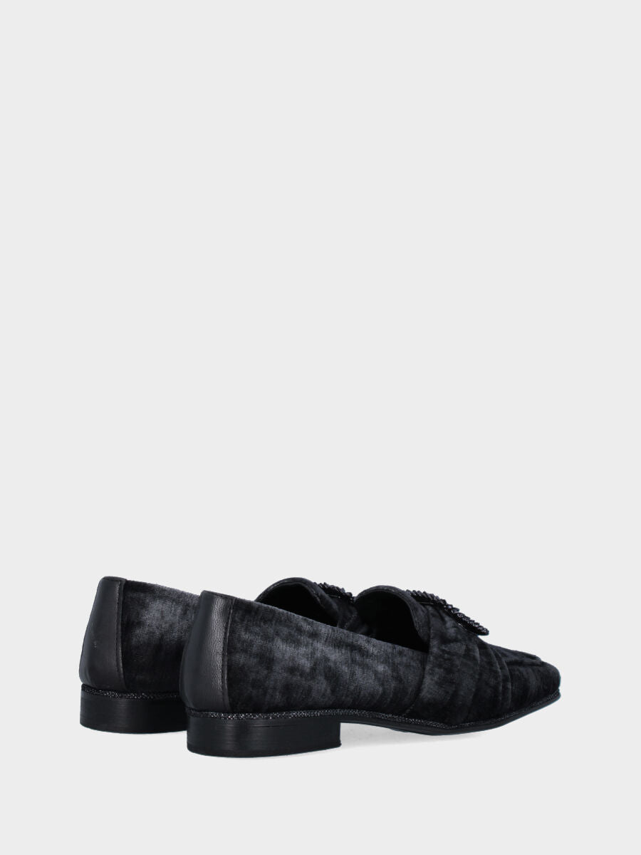 Mocassino nero in velluto con fascia e accessorio gioiello