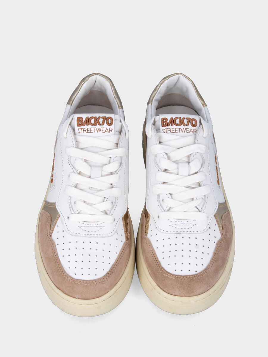 Sneaker in gold laminated calfskin and brown suede with wedge heel