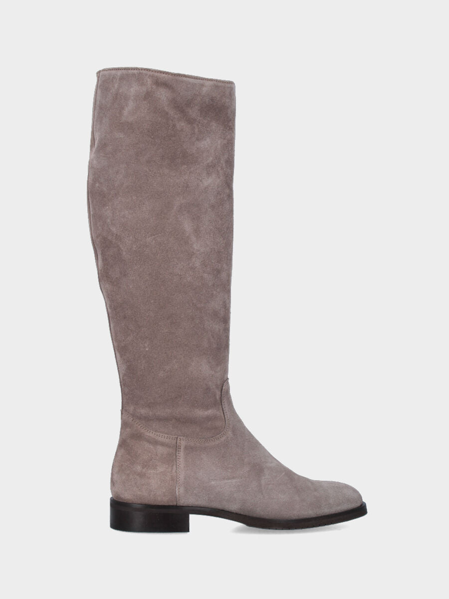 Stiefel aus taupefarbenem Wildleder mit niedrigem Absatz und quadratischer Spitze