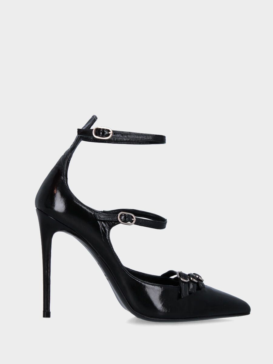 Escarpins en verni miroir noir avec talon aiguille et trois brides