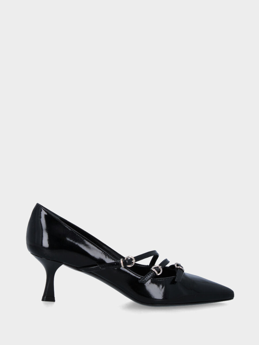 Pumps in shiny velvet black with three diagonal straps and chalice heel