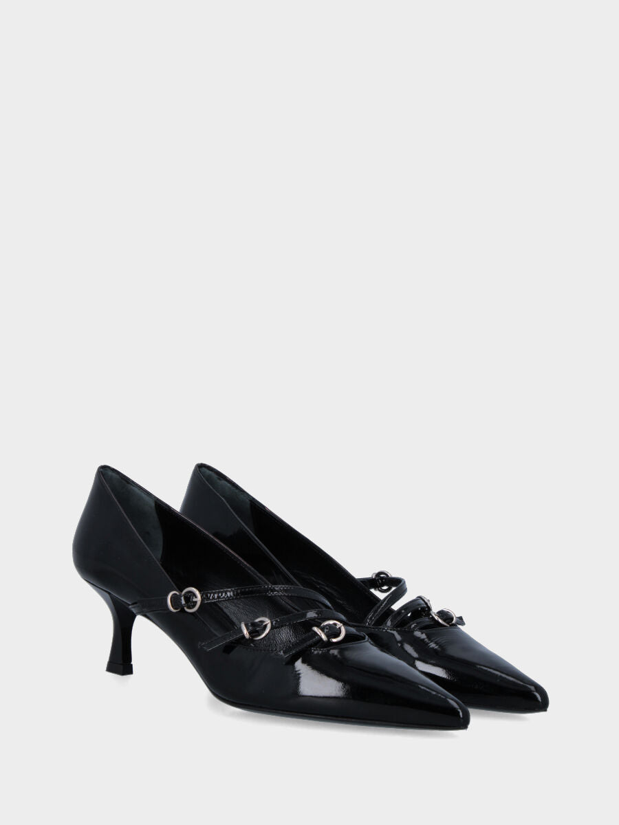 Pumps in shiny velvet black with three diagonal straps and chalice heel