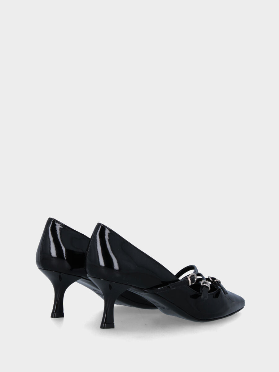 Pumps in shiny velvet black with three diagonal straps and chalice heel